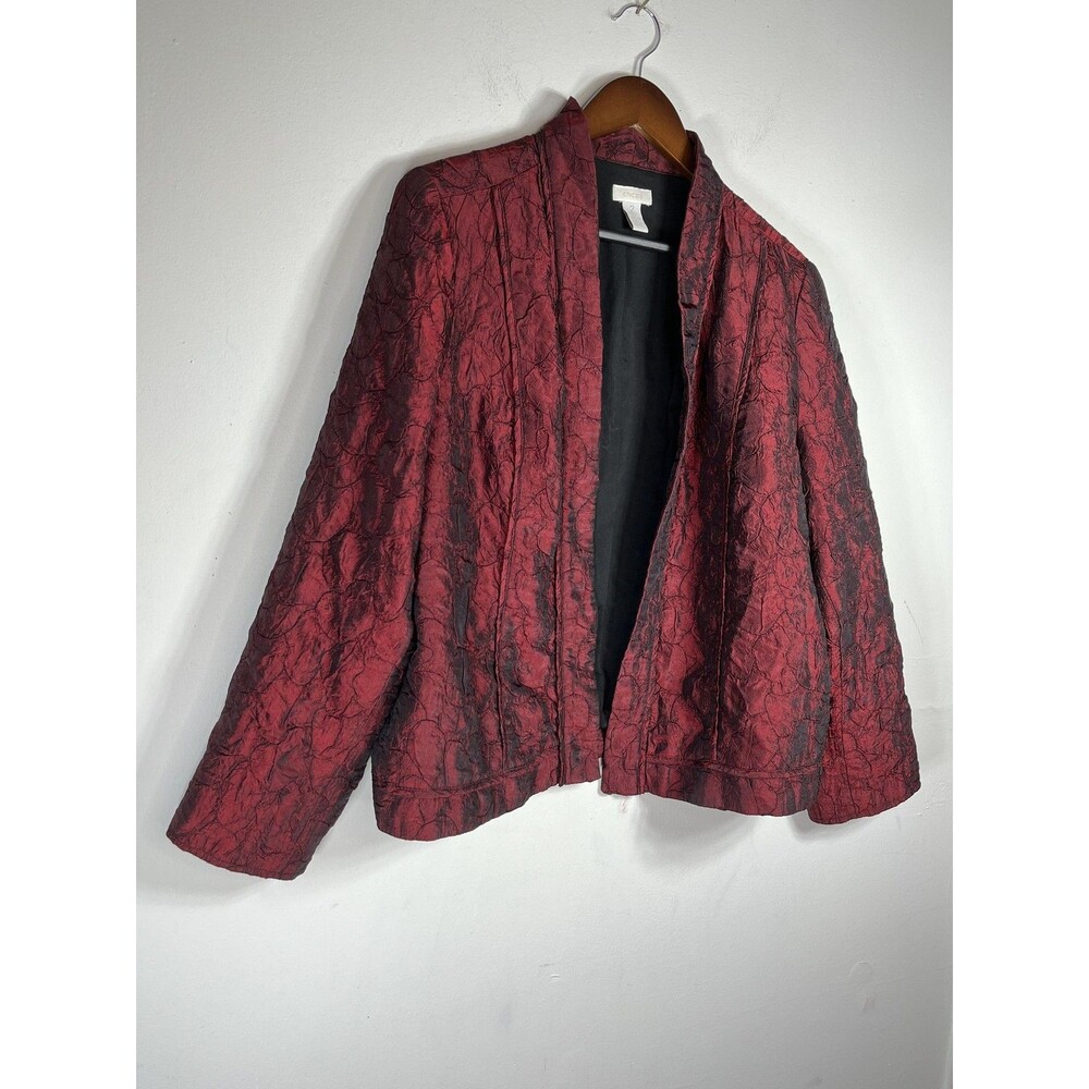 Chicos Jacket Womens 2 Red Textured Crinkle Collarless Open Front Lined Short